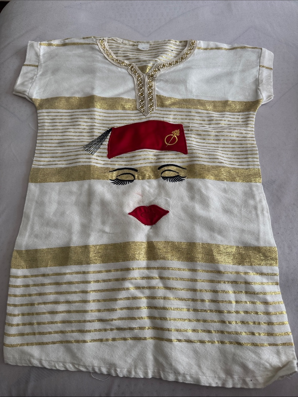 Girls White & Gold Striped Dress with Red Accent
